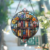 Bookshelf Stained Glass Suncatcher Colorful Book Lover Window Hanging Floral Butterfly Glass Panel Reading Room Decor